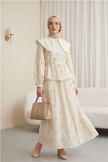 Womens Peter Pan Collar Elastic-Waist Drawstring Embroidered Lined Linen Set - Cream