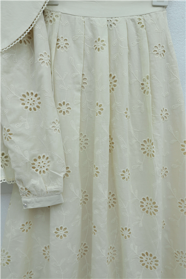 Womens Peter Pan Collar Elastic-Waist Drawstring Embroidered Lined Linen Set - Cream