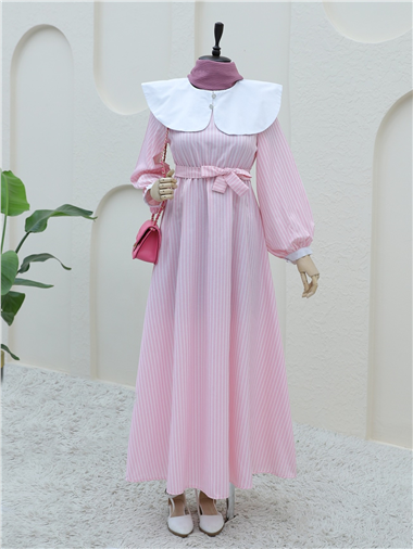 Bebe Yaka Çizgili Beli Lastikli Uzun Elbise -Pembe