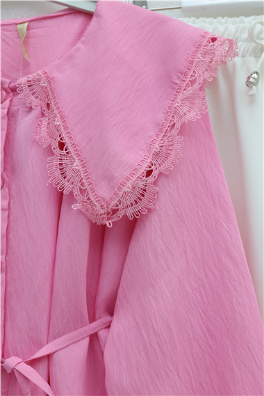 Bebe Yaka Fistolu Beli Bağcıklı Modal Tunik -Pembe