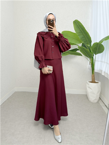 Bebe Yaka Fistolu Kolu Lastikli Bluz-Kloş Etek Takım -Bordo