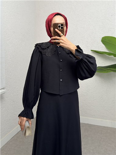 Bebe Yaka Fistolu Kolu Lastikli Bluz-Kloş Etek Takım -Siyah