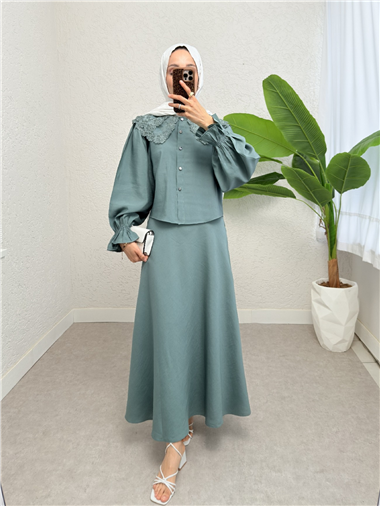 Bebe Yaka Fistolu Kolu Lastikli Bluz-Kloş Etek Takım -Mint