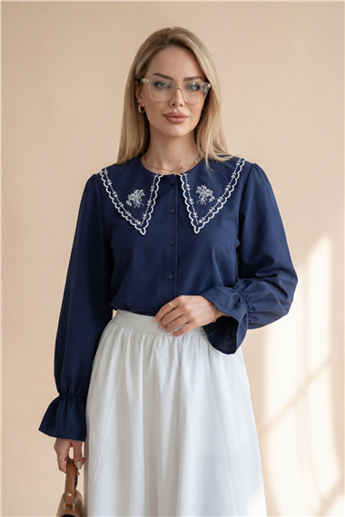 Bebe Yaka Fistolu Kolu Lastikli Poplin Gömlek Bluz -Laci