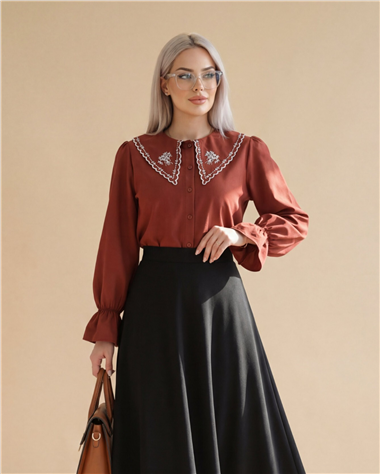 Bebe Yaka Fistolu Kolu Lastikli Poplin Gömlek Bluz -Bordo
