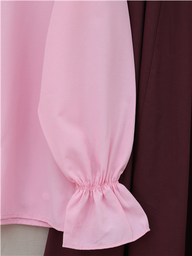 Bebe Yaka Fistolu Kolu Lastikli Poplin Gömlek Bluz -Pembe