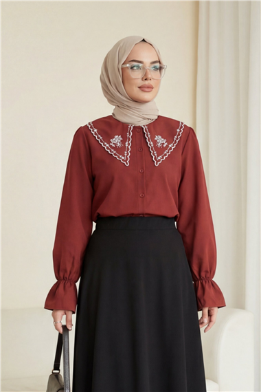 Bebe Yaka Fistolu Kolu Lastikli Poplin Gömlek Bluz -Bordo