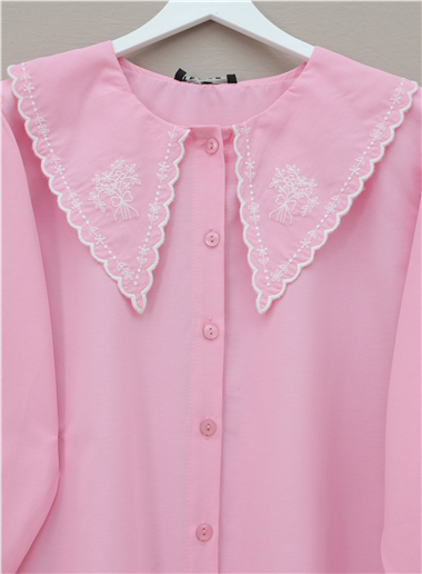 Bebe Yaka Fistolu Kolu Lastikli Poplin Gömlek Bluz -Pembe