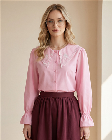 Bebe Yaka Fistolu Kolu Lastikli Poplin Gömlek Bluz -Pembe