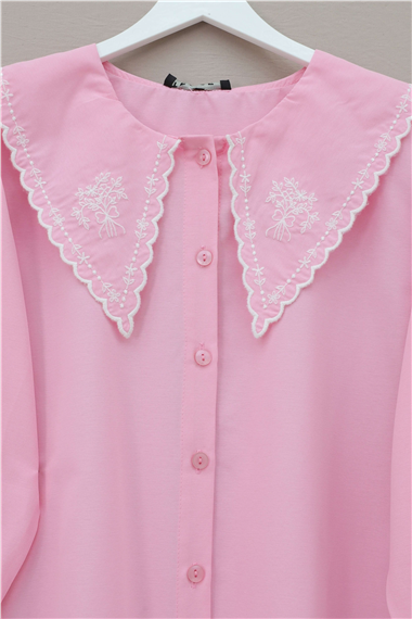 Bebe Yaka Fistolu Kolu Lastikli Poplin Gömlek Bluz -Pembe