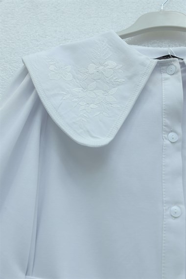 Bebe Yaka Nakışlı Beli Bağlamalı Poplin Gömlek -Beyaz