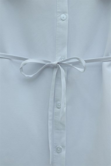 Bebe Yaka Nakışlı Beli Bağlamalı Poplin Gömlek -Beyaz