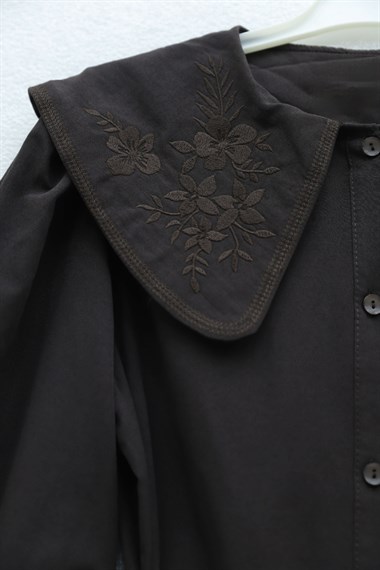 Bebe Yaka Nakışlı Beli Bağlamalı Poplin Gömlek -K. Kahve
