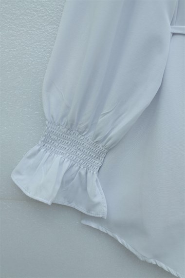Bebe Yaka Nakışlı Beli Bağlamalı Poplin Gömlek -Beyaz