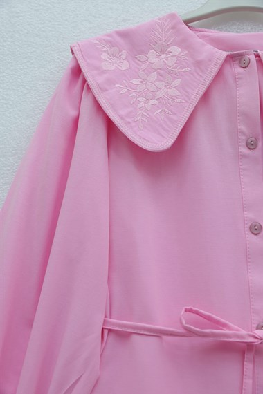 Bebe Yaka Nakışlı Beli Bağlamalı Poplin Gömlek -Pembe