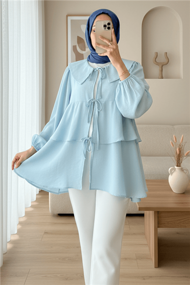 Bebe Yaka Önü Bağcıklı Eteği Katlı Kimono -Bebe Mavi