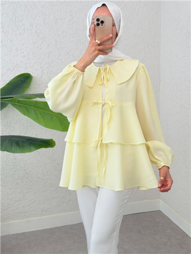 Bebe Yaka Önü Bağcıklı Eteği Katlı Kimono -Açık Sarı