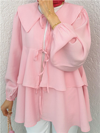 Bebe Yaka Önü Bağcıklı Eteği Katlı Kimono -Pembe