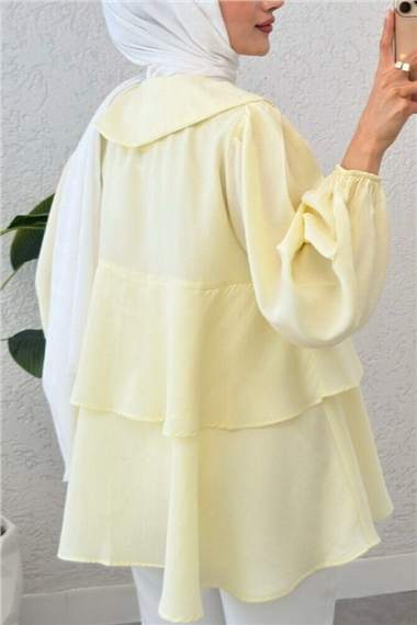 Bebe Yaka Önü Bağcıklı Eteği Katlı Kimono -Açık Sarı
