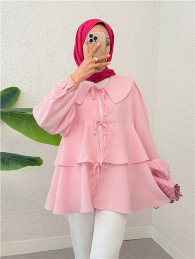 Bebe Yaka Önü Bağcıklı Eteği Katlı Kimono -Pembe