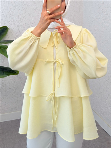 Bebe Yaka Önü Bağcıklı Eteği Katlı Kimono -Açık Sarı