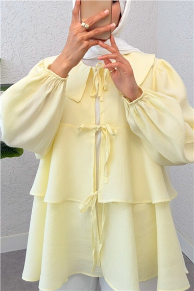 Bebe Yaka Önü Bağcıklı Eteği Katlı Kimono -Açık Sarı