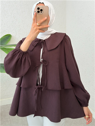 Bebe Yaka Önü Bağcıklı Eteği Katlı Kimono -Mürdüm