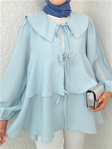 Bebe Yaka Önü Bağcıklı Eteği Katlı Kimono -Bebe Mavi