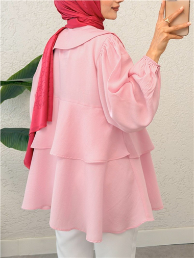 Bebe Yaka Önü Bağcıklı Eteği Katlı Kimono -Pembe