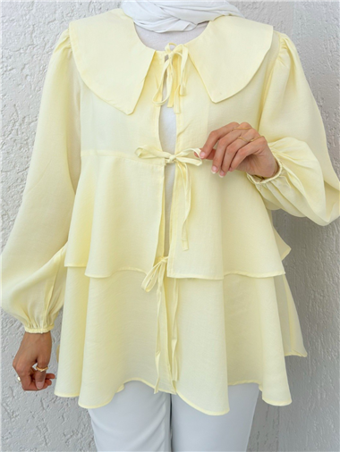 Bebe Yaka Önü Bağcıklı Eteği Katlı Kimono -Açık Sarı