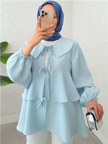 Bebe Yaka Önü Bağcıklı Eteği Katlı Kimono -Bebe Mavi