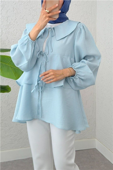 Bebe Yaka Önü Bağcıklı Eteği Katlı Kimono -Bebe Mavi