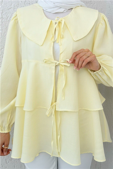 Bebe Yaka Önü Bağcıklı Eteği Katlı Kimono -Açık Sarı