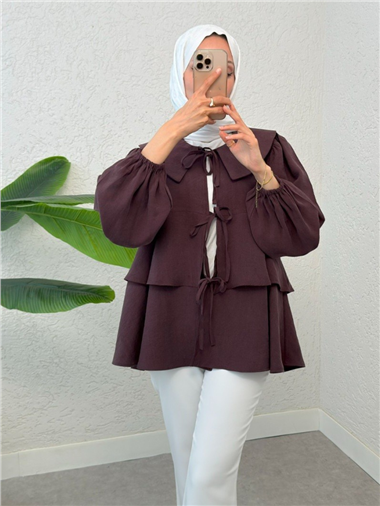 Bebe Yaka Önü Bağcıklı Eteği Katlı Kimono -Mürdüm