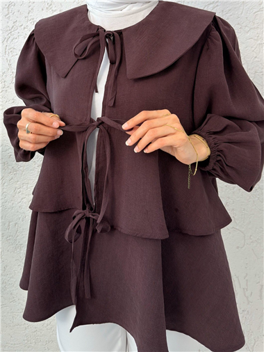 Bebe Yaka Önü Bağcıklı Eteği Katlı Kimono -Mürdüm