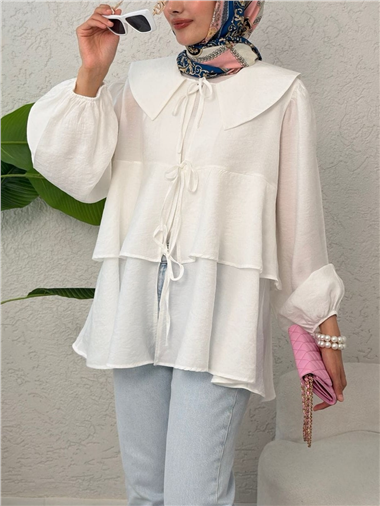 Bebe Yaka Önü Bağcıklı Eteği Katlı Kimono -Beyaz