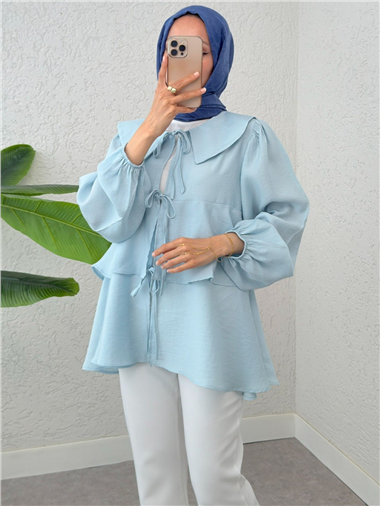 Bebe Yaka Önü Bağcıklı Eteği Katlı Kimono -Bebe Mavi