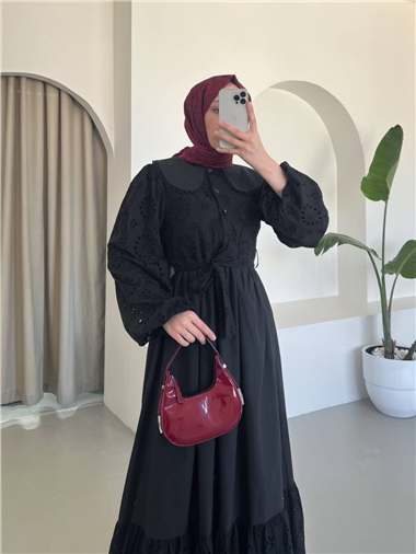 Bebe Yaka Yarım Düğmeli Fistolu Elbise  -Siyah