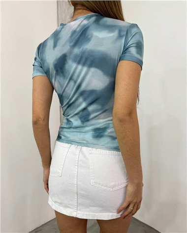 Bel Omuz Büzgülü Batik Baskı Sendy Bluz -Açık Mavi