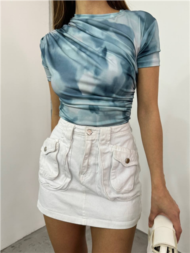 Bel Omuz Büzgülü Batik Baskı Sendy Bluz -Açık Mavi