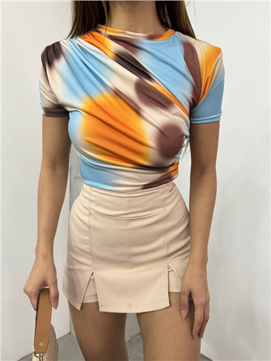 Bel Omuz Büzgülü Batik Baskı Sendy Bluz -Kayısı Rengi