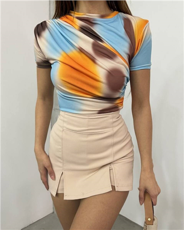 Bel Omuz Büzgülü Batik Baskı Sendy Bluz -Kayısı Rengi