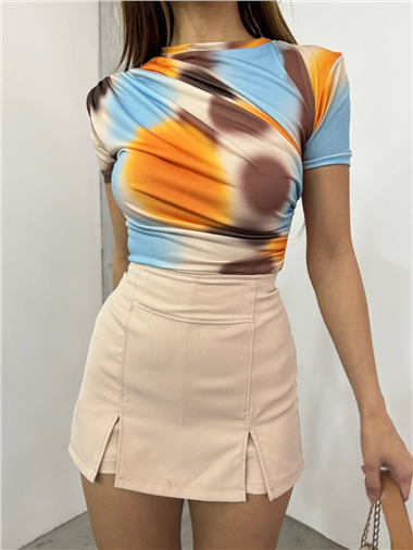 Bel Omuz Büzgülü Batik Baskı Sendy Bluz -Kayısı Rengi