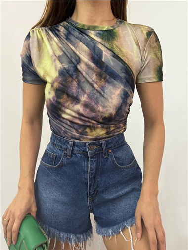 Bel Omuz Büzgülü Batik Baskı Sendy Bluz  -Yeşil