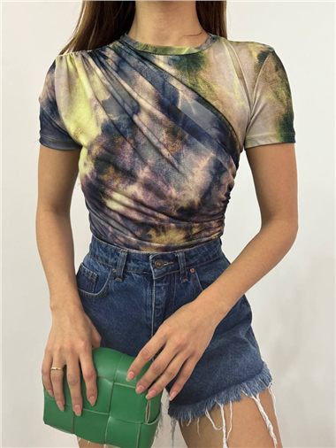 Bel Omuz Büzgülü Batik Baskı Sendy Bluz  -Yeşil