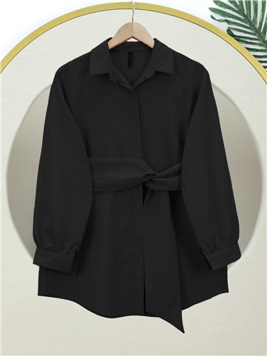 Belden Bağlamalı Fitilli Krinkıl Gömlek -Siyah