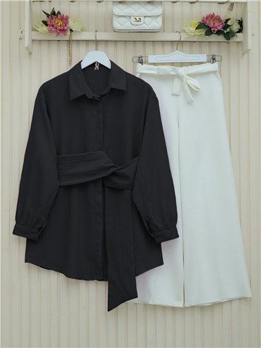 Belden Bağlamalı Fitilli Krinkıl Gömlek -Siyah