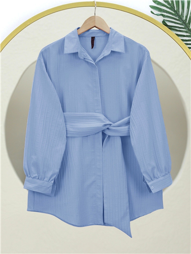 Belden Bağlamalı Fitilli Krinkıl Gömlek -Buz Mavi