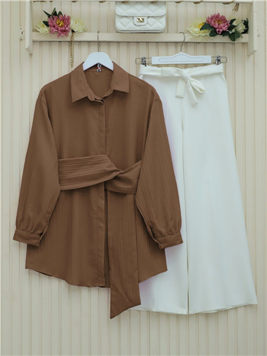 Belden Bağlamalı Fitlli Krinkıl Gömlek   -Kahve