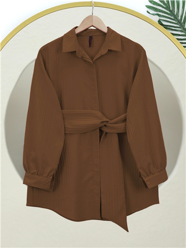 Belden Bağlamalı Fitlli Krinkıl Gömlek   -Kahve